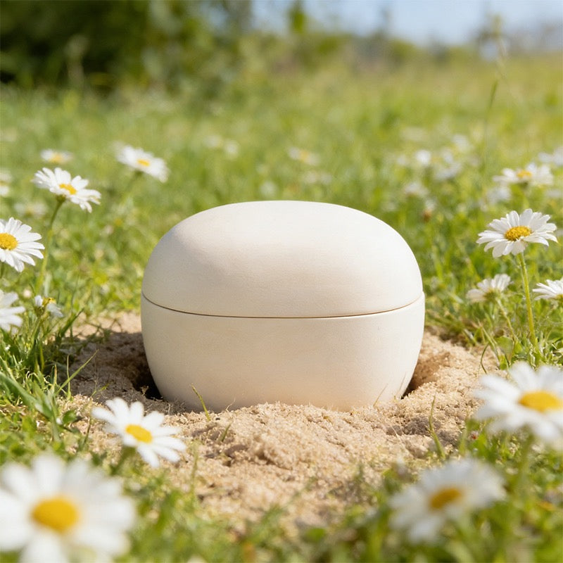 Biodegradable clay cremation urn in nature — eco-friendly memorial urn for earth burial