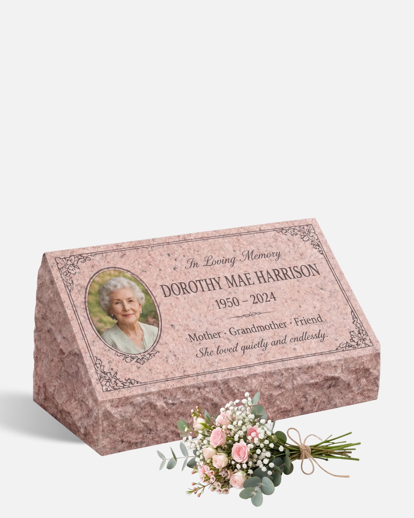 Women's Floral Portrait Granite Pillow Headstone