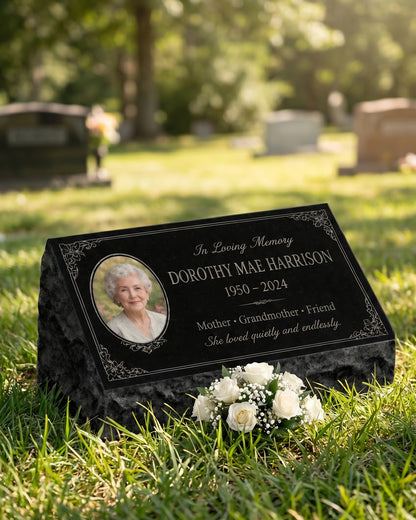 Women's Floral Portrait Granite Pillow Headstone
