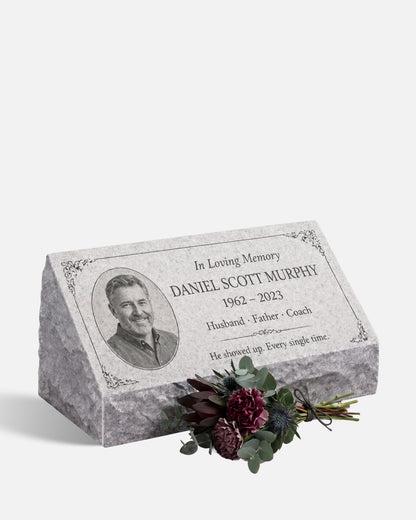 Men's Portrait Floral Granite Pillow Headstone