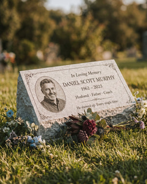 Men's Portrait Floral Granite Pillow Headstone