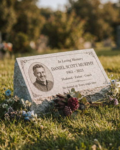 Men's Portrait Floral Granite Pillow Headstone