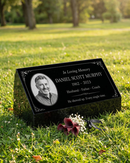 Men's Portrait Floral Granite Pillow Headstone