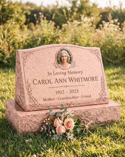 Women's Rose Floral Portrait Granite Slant Marker with Base