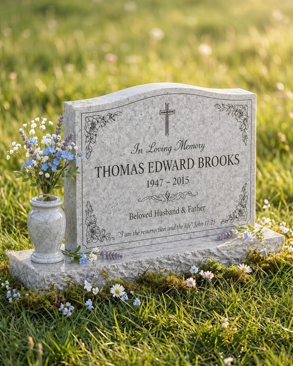 Single Christian Floral Granite Headstone with Vase