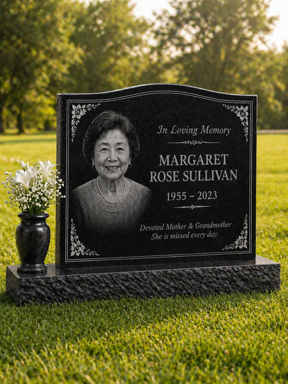 Wave Top Single Portrait Granite Headstone with Vase