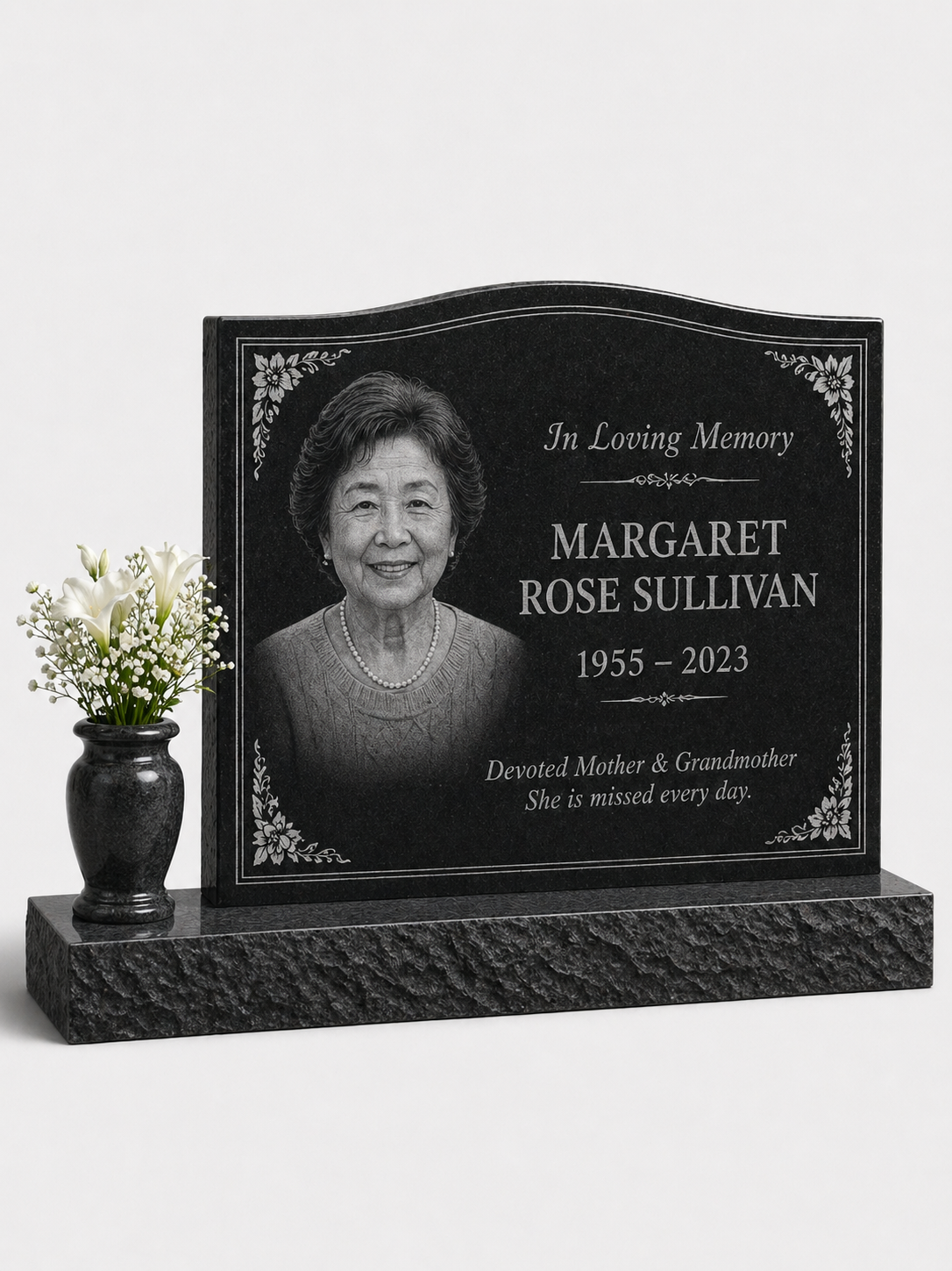 Wave Top Single Portrait Granite Headstone with Vase