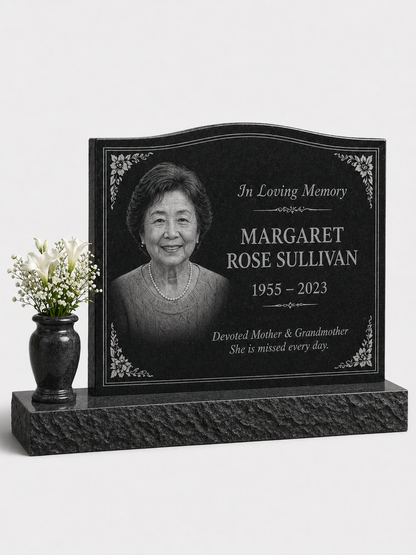 Wave Top Single Portrait Granite Headstone with Vase
