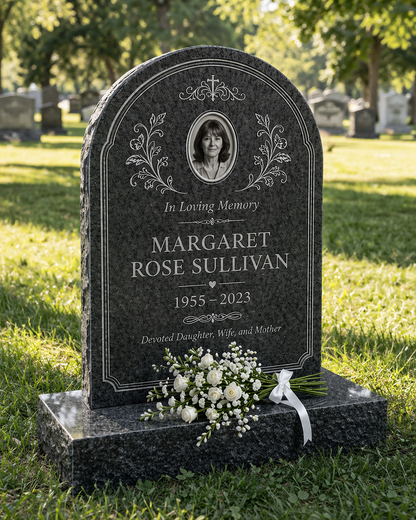 Round Arch Floral Granite Upright Headstone