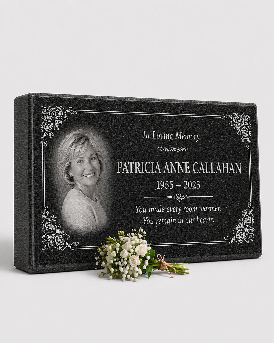 Women's Floral Portrait Granite Flat Grave Marker