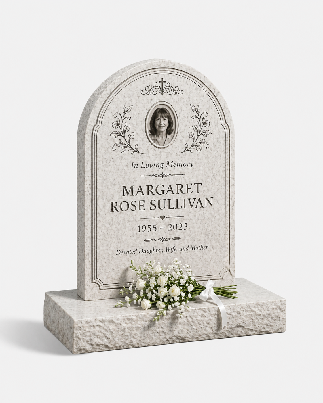 Round Arch Floral Granite Upright Headstone
