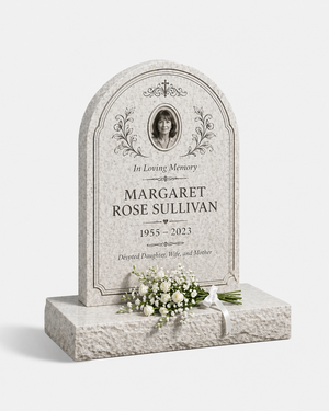 Round Arch Floral Granite Upright Headstone