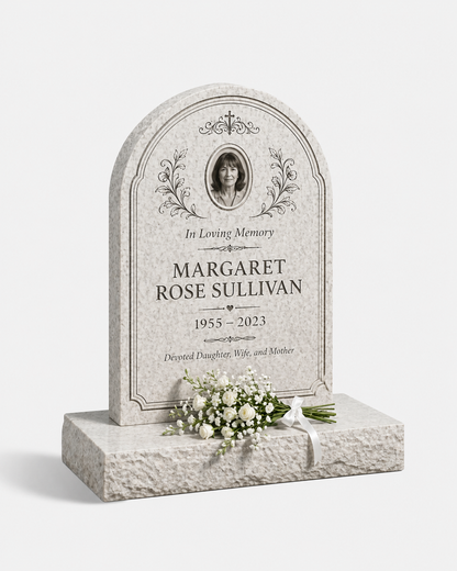Round Arch Floral Granite Upright Headstone