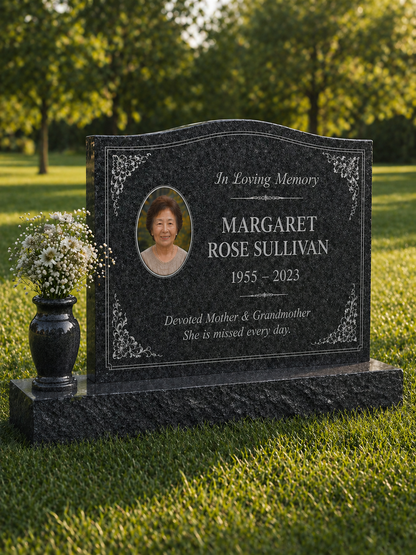Wave Top Single Portrait Granite Headstone with Vase