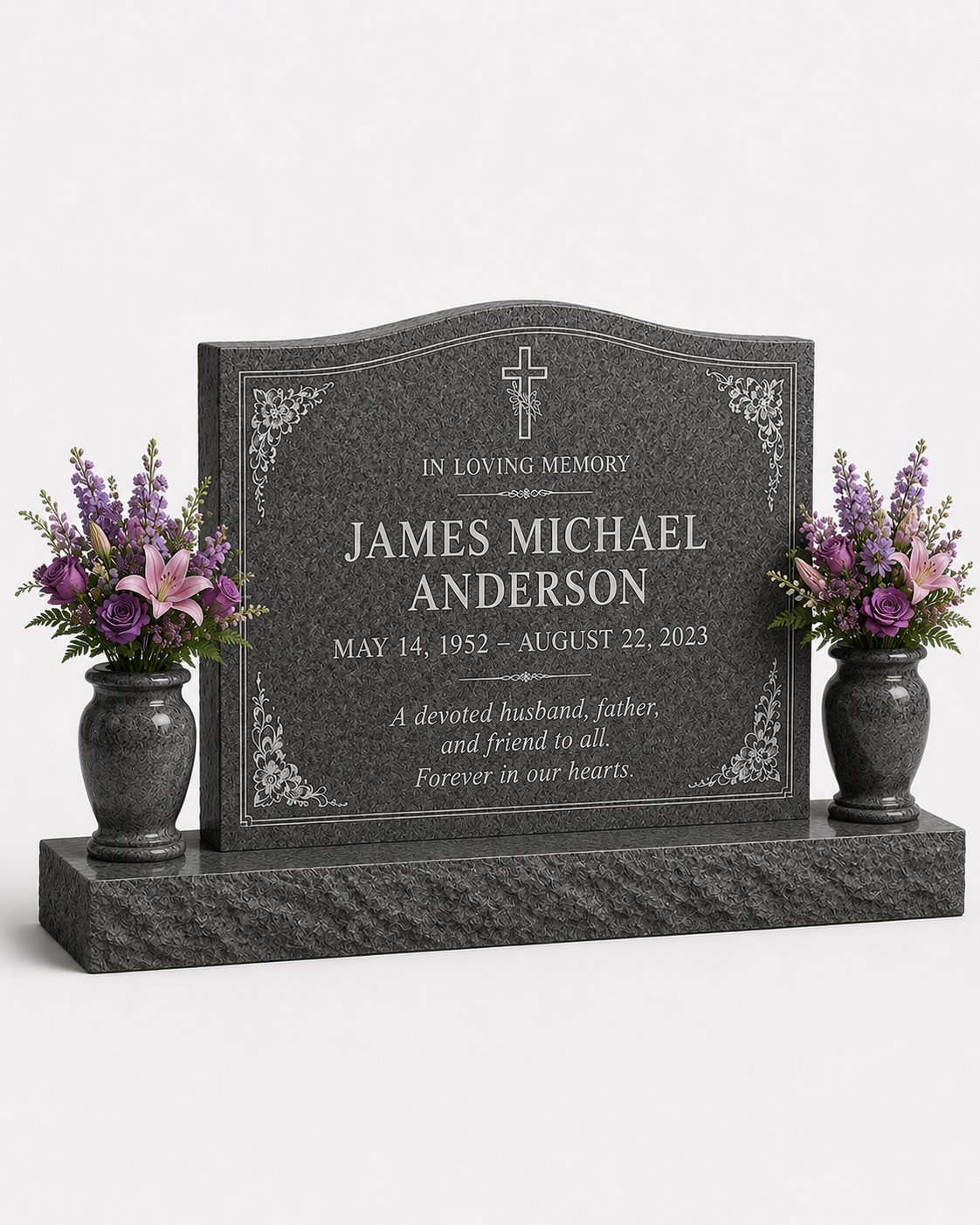 Classic Granite Upright Headstone with Double Vases